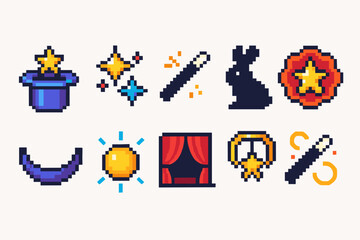 Fototapeta premium Magic and fantasy pixel icon set. Wizardry, enchantment pixel art icons collection