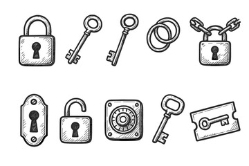 Security and access sketch icon set. Hand-drawn lock and key outline illustrations