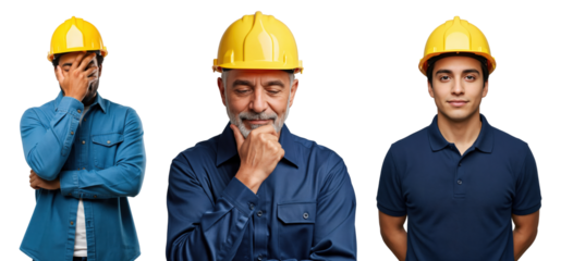 Three diverse male construction workers, young, mature, and senior, wearing yellow hard hats and blue uniforms, expressing various emotions against a transparent background.