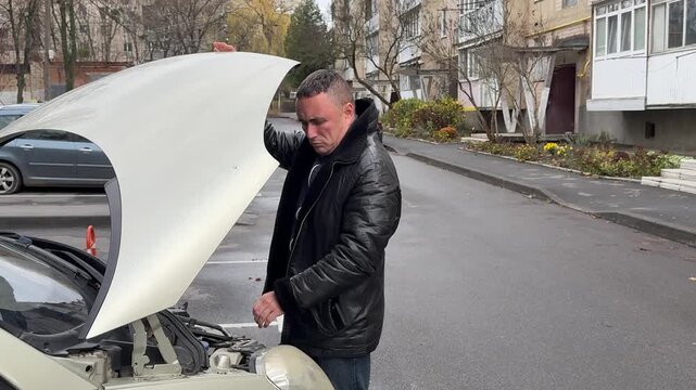 Checking car engine oil, african american man holding dipstick and cloth, maintenance, outdoors. automotive, mechanic, inspection, vehicle, servicing, repair. High quality 4k footage