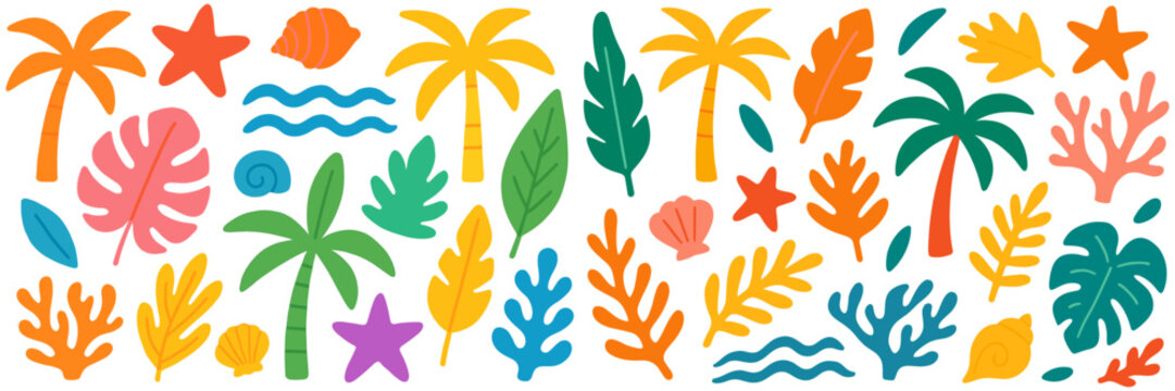 Colorful tropical elements including palms and leaves. Bright shapes create playful summer mood