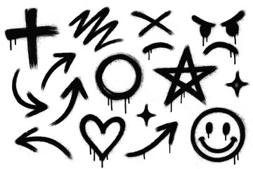 Graffiti symbols with arrows, stars and smiley. Sprayed details add energetic street style