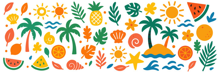 Vibrant tropical elements including fruits and palms. Colorful shapes create lively vacation atmosphere