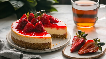 Strawberry Cheesecake, HD Commercial Food Material, Ins-style Natural Soft Light Luxury Afternoon Tea, Suitable for Dessert E-commerce Detail Pages, Bakery Brand Promotion Posters