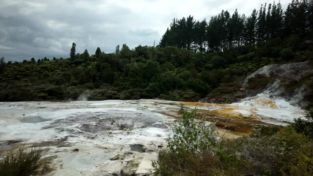 Geothermal terraces with forested hills