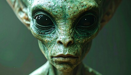 Close-up of a green extraterrestrial with smooth skin and large, black eyes, gazing intently