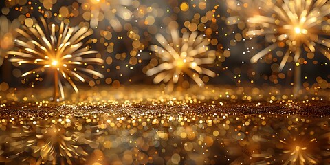 Panoramic Golden Glittering Fireworks Display With Bokeh Effect Background