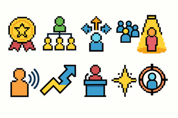 Leadership and teamwork pixel icon set. Collaboration and success outline icons.