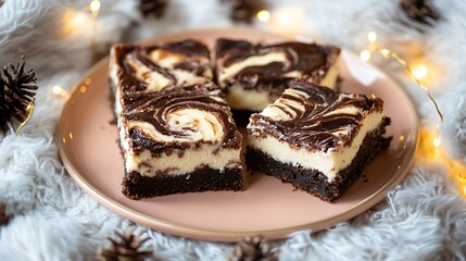 Brownie cheesecake bars with a creamy swirl elegant dessert on peach plate on fluffy wool blanket with fairy lights around