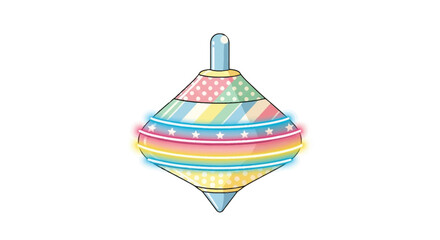 Colorful spinning top toy with rainbow stripes and a playful design.