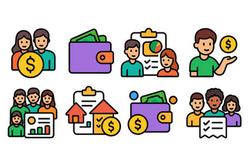 Budget and finance flat icon set. Money management, saving icons collection.