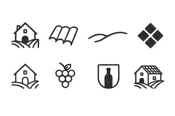Naklejka premium Agriculture and vineyard outline icon set. Farming, grapes, and rural elements
