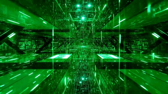 Green digital tunnel filled with glowing grids, floating particles, and reflective surfaces creating a sense of geometric depth