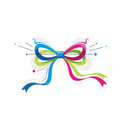 Fototapeta premium A vibrant, abstract bow of colorful ribbons with a dental tooth symbol at its center, dynamically decorated for a celebration or special event.
