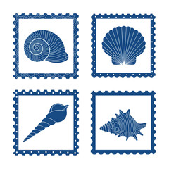 Obraz premium Set of four stylized blue seashells depicted in decorative square frames with perforated edges, suitable for marine themes.