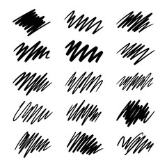 Obraz premium Various black hand-drawn scribbles, doodles, and highlight marks arranged in a grid, suitable for design and artistic projects.