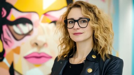Portrait of a Stylish Woman: A sophisticated woman with curly hair and glasses gazes confidently. Against a backdrop of vibrant, abstract artwork, she exudes an air of both elegance and intelligence.