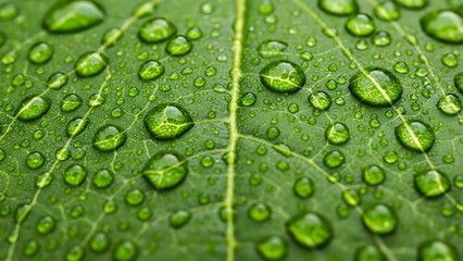 Macro photography of water droplets on a vibrant green leaf, showcasing detailed textures, reflections, and natural freshness.