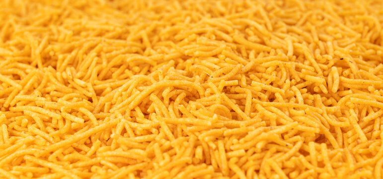 Aloo bhujia indian snack isolated. Crispy potato and chickpea flour strips, alu bhujiya sev