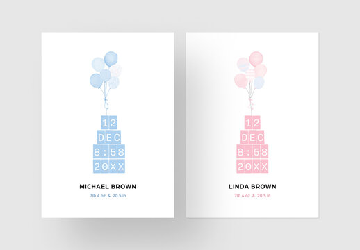 Pink and Blue Birth Announcement Cards