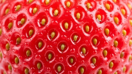Extreme close-up of a strawberry surface with visible seeds and water droplets, emphasizing vibrant color and natural texture.
