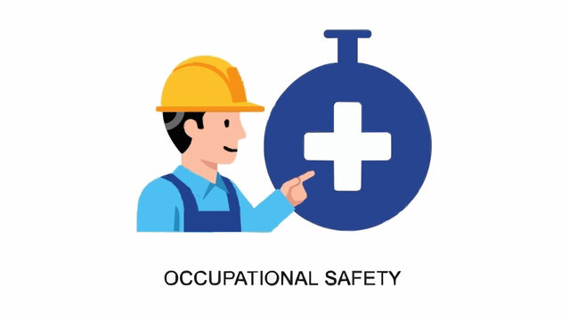 Occupational safety concept with construction worker wearing hard hat pointing blue medical cross sign health and safety at workplace vector illustration white background