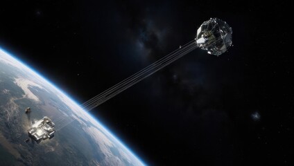 Futuristic Space Elevator Connecting Earth to an Orbital Station.