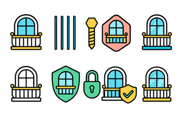 Fototapeta premium Balcony and security outline icon set. Safety and protection icons collection