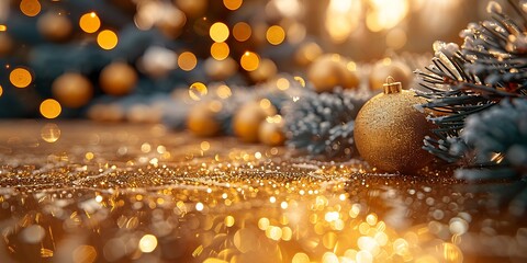 Panoramic Close-up of Festive Golden Christmas Ornaments with Bokeh Lights