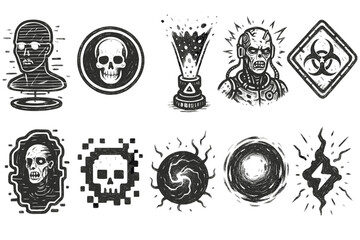 Obraz premium Horror, halloween grunge icon set. Spooky, creepy illustrations in grunge style