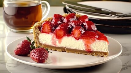 Strawberry Cheesecake Slice, HD Commercial Food Material, Ins-style Natural Soft Light, Suitable for Dessert E-commerce Detail Pages, Bakery Brand Promotion Posters