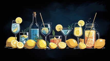 Fresh lemonade drinks and whole lemons create a refreshing summer beverage still life composition