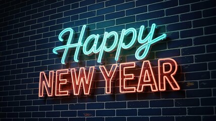 Neon happy new year sign brightly illuminates dark brick wall for a festive scene
