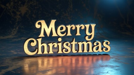 Golden Merry Christmas text shimmers on reflective surface against a blue and brown marble background