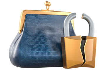 Crypto wallet hacking, concept. Coin Purse with broken padlock, transparent background
