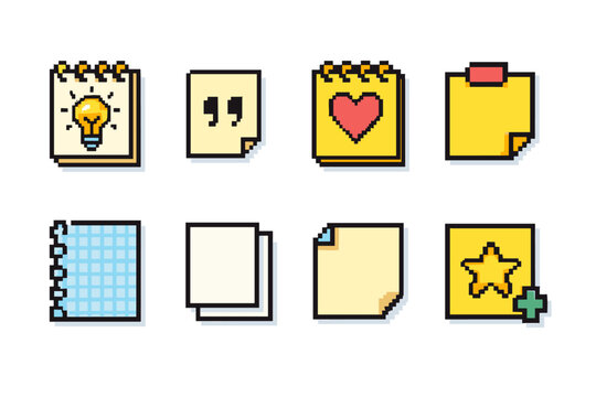 Memo pad, notes pixel art icon set. Sticky notes, reminder icons in pixel style
