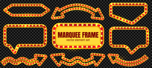 Marquee circus rectangle sign light. Carnival frame, casino board for theater show. 3d red gold bulb border. Retro vintage neon box for broadway stage or cinema poster. Blank billboard background