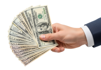 detailed caucasian hand elegantly displaying a tight fan of crisp 100 and 50 dollar bills against a transparent background, macro detail, professional studio shot, concept of financial prosperity
