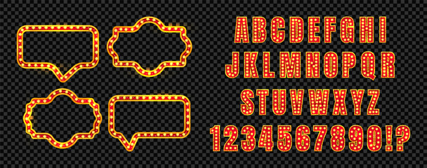 Circus alphabet marquee font with neon bulb light frames for theater or carnival show. 3d red gold letters in retro vintage typography style for hollywood broadway stage. Bright vector design