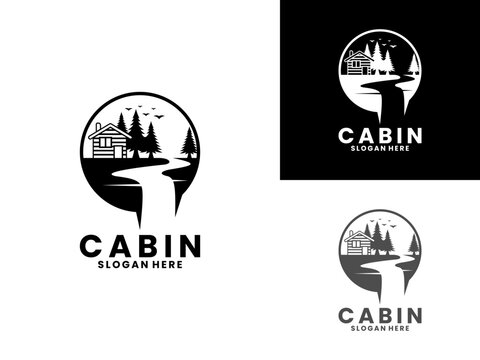 Cabin house with river and waterfall logo design. Creative cabin logo design icon vector template