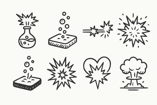 Explosion, chemistry line icon set. Science, reaction symbols in outline style
