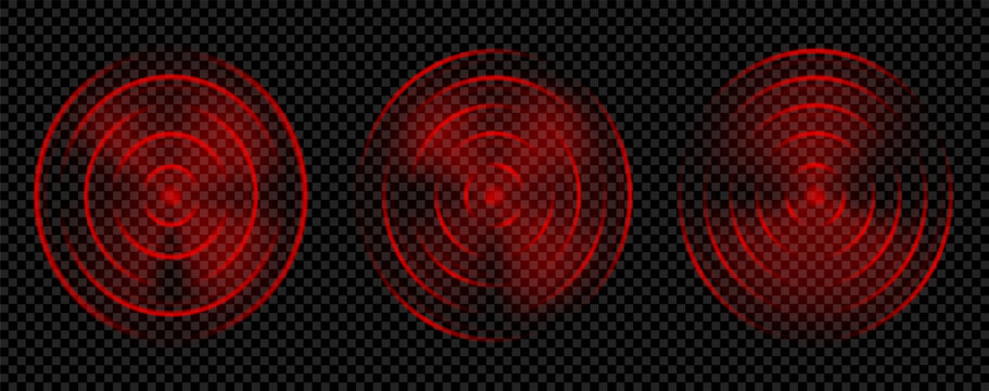 Red wave signal effect for wifi scan and detect. Radar alarm circle for aim car in motion with accuracy pulse. Hud game radial doppler neon sign. Concentric ring range for ripple abstract vector