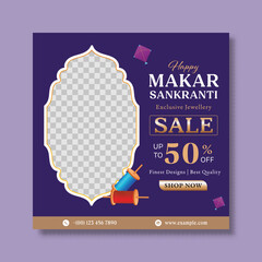 Happy Makar Sankranti Sale Post Template with Fifty Percent Discount Offer and Image Placeholder in Purple Color Design.