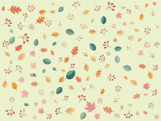 Seamless Vector Background Pattern of Scattered Subtle Autumn Leaves and Red Berries