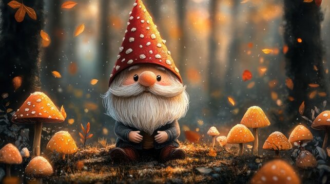 Whimsical Gnome Wearing Red Spotted Hat Sitting in Autumn Forest Surrounded by Orange Mushrooms and Falling Leaves