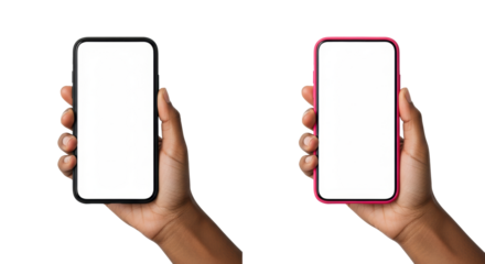 commercial grade product photo of a well-manicured african american hand holding two minimalist phones (black and pink cases, blank white screens) on a transparent background. Concept for mobile