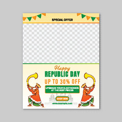 Fototapeta premium Happy Indian Republic Day Sale Template with Thirty Percent Discount Offer on Electronics Items and Image Placeholder in Tricolor Theme.