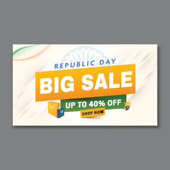 Obraz premium Happy Indian Republic Day Sale Banner Design with 40 Percent Discount Offer and Shopping Bags on Ashoka Wheel Background.