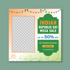 Indian Republic Day Mega Sale Social Media Square Post with 50 Percent Discount Offer on Traditional Sarees in Tricolor Design.