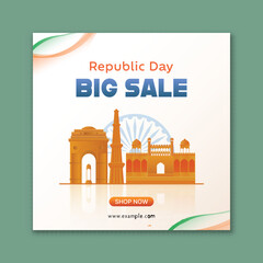 Indian Republic Day Big Sale Square Post Design with India Famous Monuments on Ashoka Wheel Background.